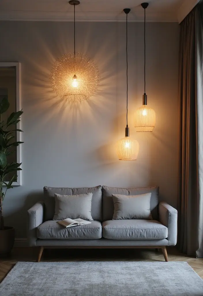 50 Gray Couch Living Room Ideas That Always Look Timeless 46 50 Gray Couch Living Room Ideas That Always Look Timeless - 42. Artistic Lighting Fixtures