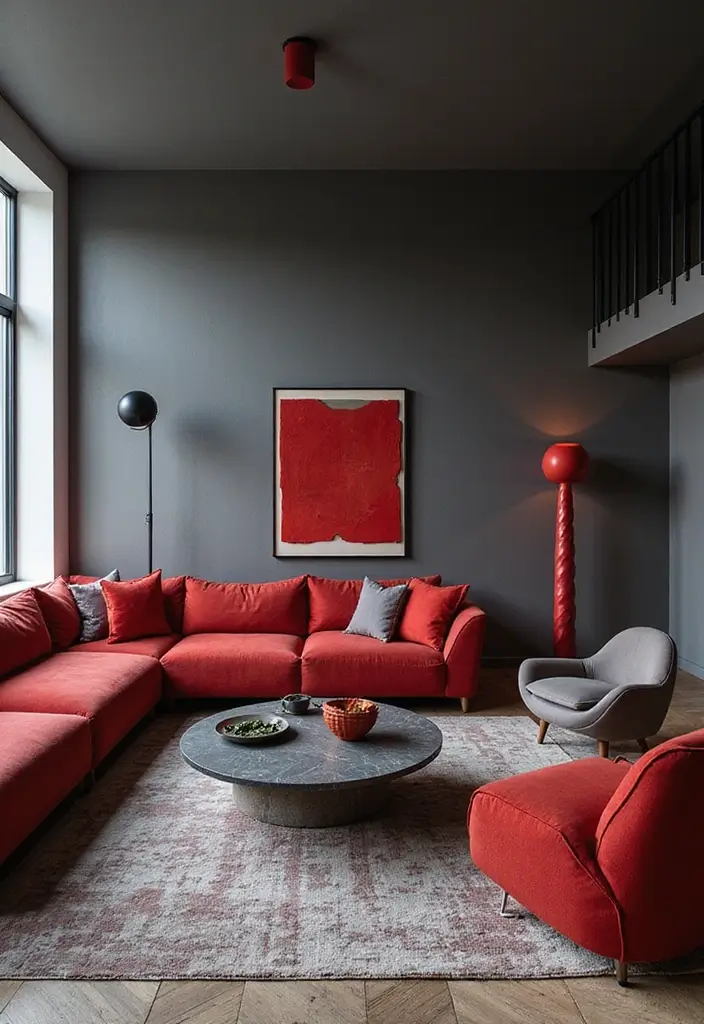 50 Gray Living Room Ideas That Feel Timeless and Elegant 27 50 Gray Living Room Ideas That Feel Timeless and Elegant - 25. Gray and Red: A Bold Statement