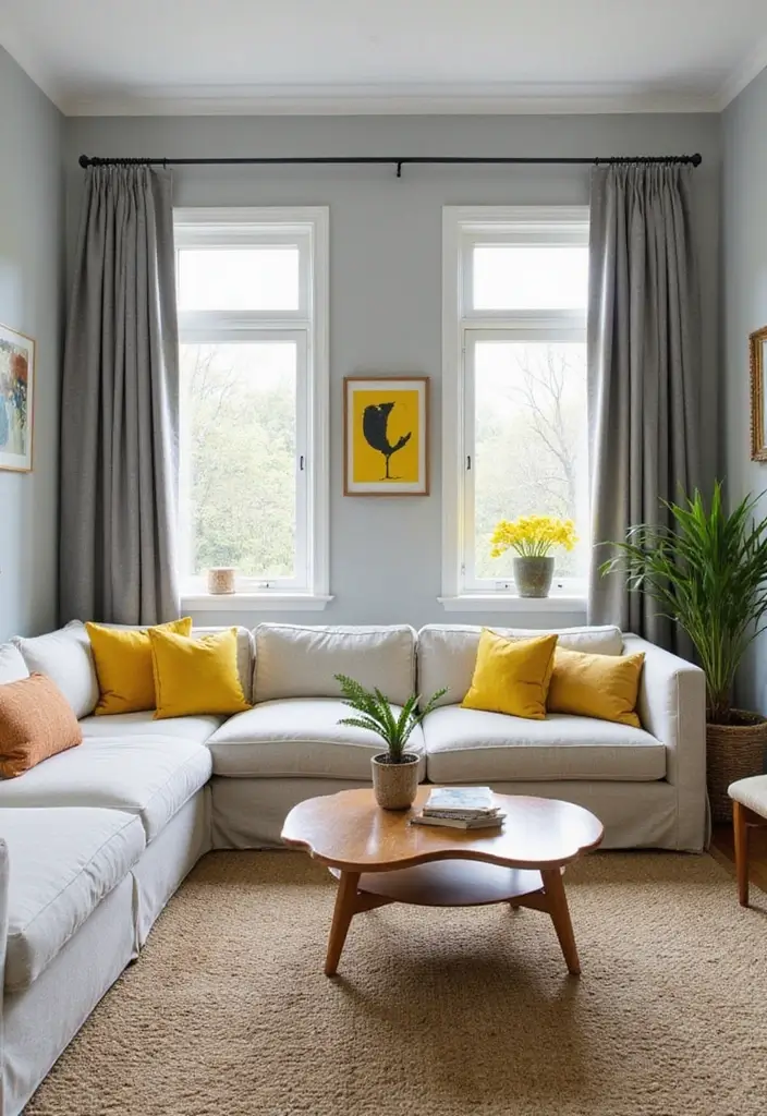 50 Gray Living Room Ideas That Feel Timeless and Elegant 28 50 Gray Living Room Ideas That Feel Timeless and Elegant - 26. Gray and Yellow: Bright and Cheerful