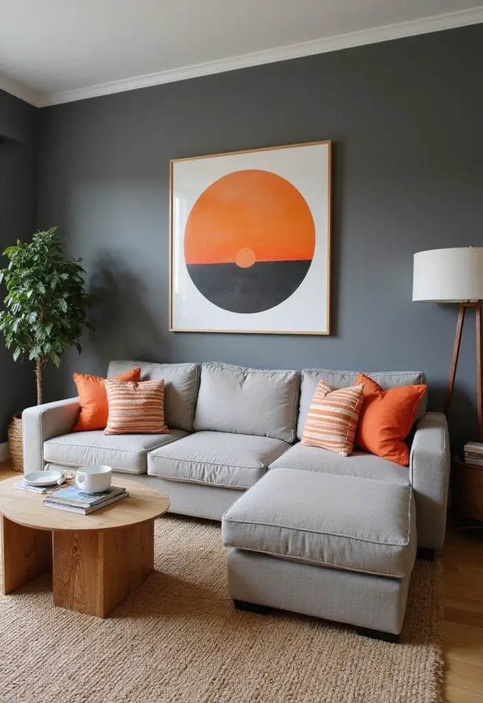 50 Gray Living Room Ideas That Feel Timeless and Elegant 29 50 Gray Living Room Ideas That Feel Timeless and Elegant - 27. Gray and Orange for a Warm Embrace