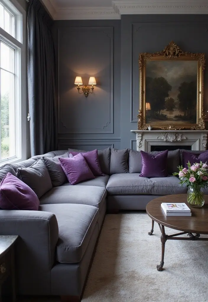 50 Gray Living Room Ideas That Feel Timeless and Elegant 30 50 Gray Living Room Ideas That Feel Timeless and Elegant - 28. Gray and Purple: A Regal Touch