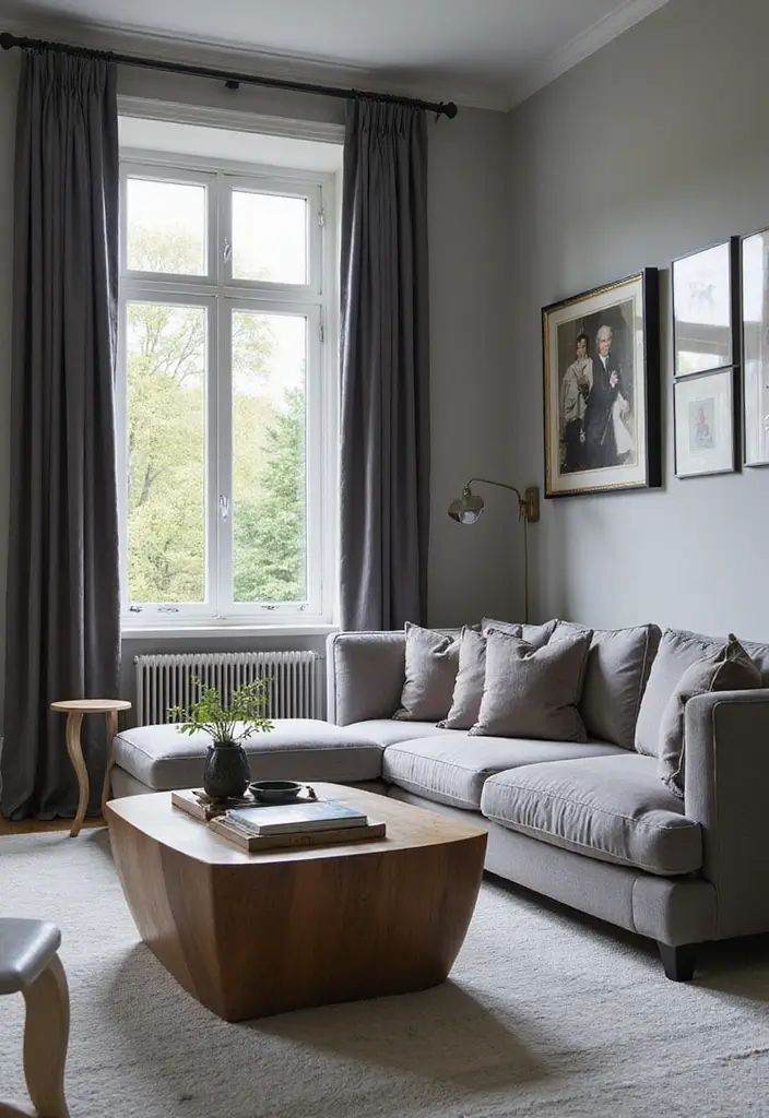50 Gray Living Room Ideas That Feel Timeless and Elegant 37 50 Gray Living Room Ideas That Feel Timeless and Elegant - 35. Gray with Dramatic Drapery