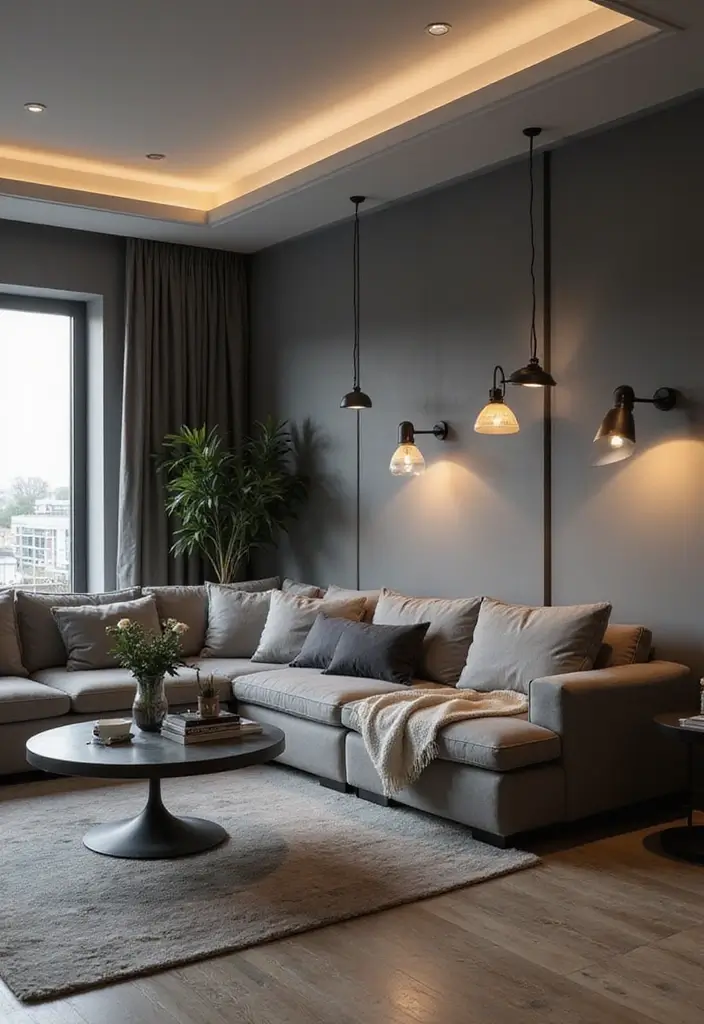 50 Gray Living Room Ideas That Feel Timeless and Elegant 44 50 Gray Living Room Ideas That Feel Timeless and Elegant - 40. Gray with Creative Lighting