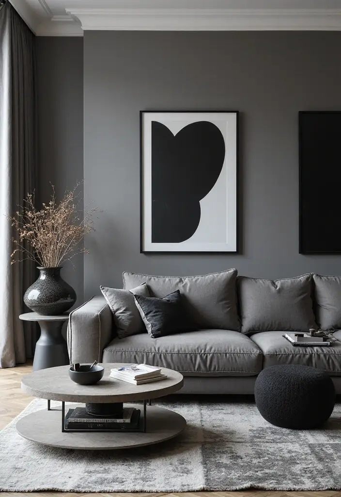 50 Gray Living Room Ideas That Feel Timeless and Elegant 7 50 Gray Living Room Ideas That Feel Timeless and Elegant - 7. Gray and Black: A Bold Contrast
