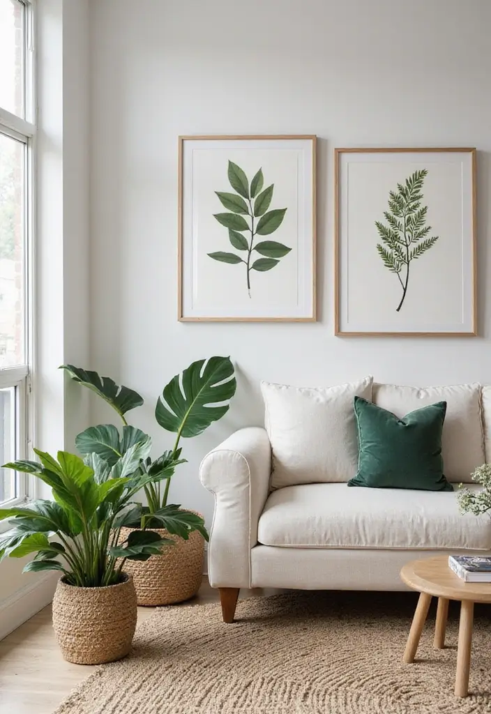 50 Green Wall Living Room Ideas That Refresh Any Space Instantly 13 50 Green Wall Living Room Ideas That Refresh Any Space Instantly - 13. Botanical Prints with Real Plants