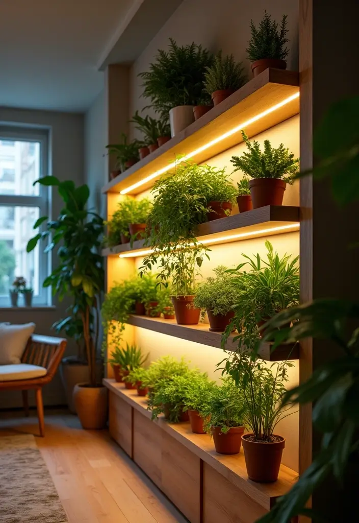 50 Green Wall Living Room Ideas That Refresh Any Space Instantly 17 50 Green Wall Living Room Ideas That Refresh Any Space Instantly - 17. Plant Shelves with Integrated Lighting