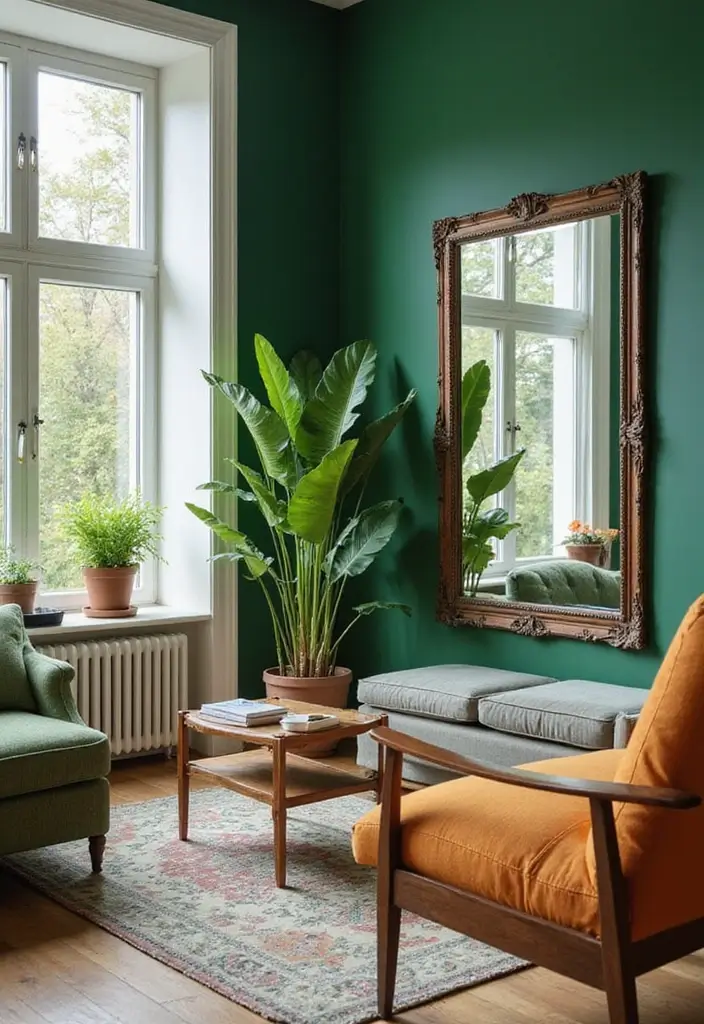 50 Green Wall Living Room Ideas That Refresh Any Space Instantly 23 50 Green Wall Living Room Ideas That Refresh Any Space Instantly - 21. Green Wall with Reflective Surfaces