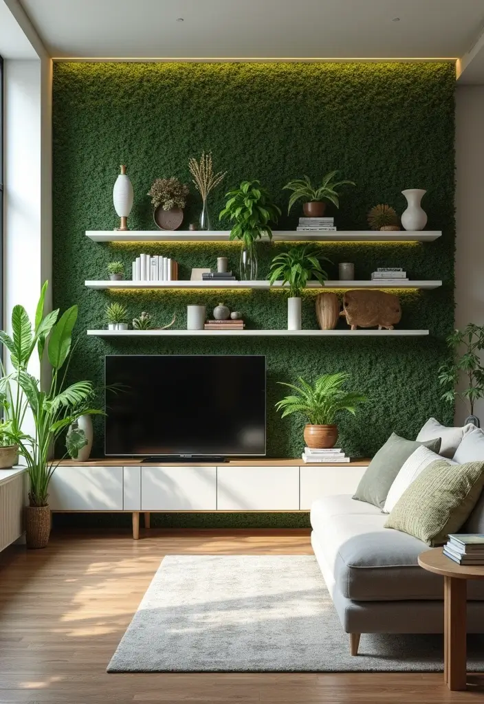 50 Green Wall Living Room Ideas That Refresh Any Space Instantly 43 50 Green Wall Living Room Ideas That Refresh Any Space Instantly - 39. Green Wall with Wall-Mounted Storage