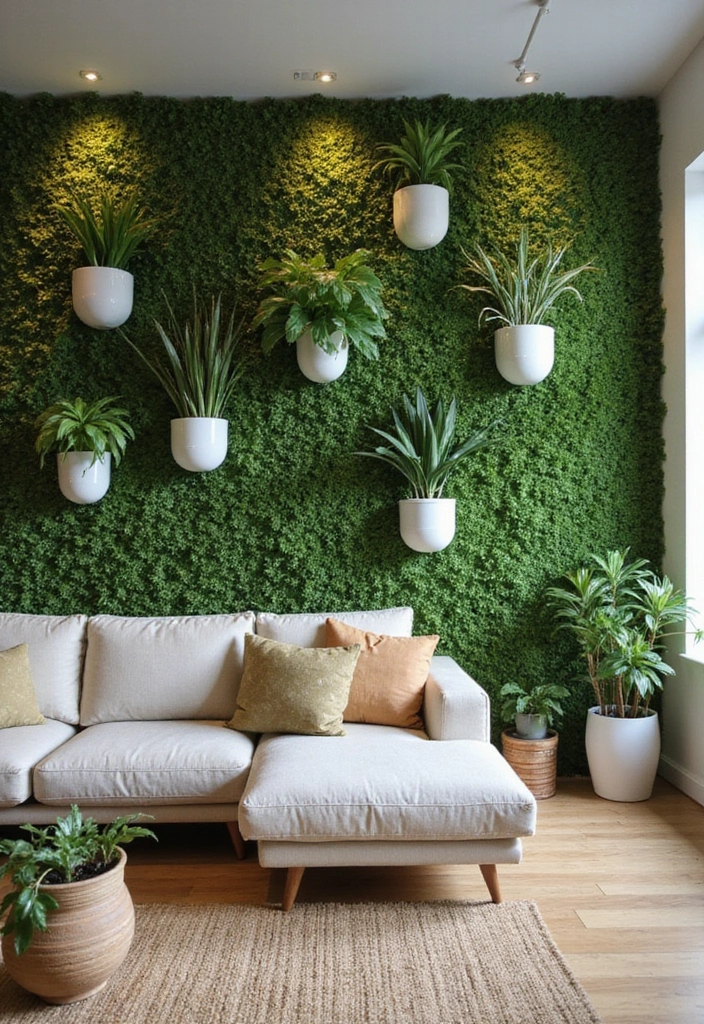 50 Green Wall Living Room Ideas That Refresh Any Space Instantly 47 50 Green Wall Living Room Ideas That Refresh Any Space Instantly - 43. Sustainable Planters