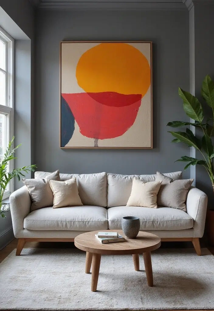 50 Grey Living Room Ideas That Never Go Out of Style - 11. Grey as a Backdrop for Bold Artwork