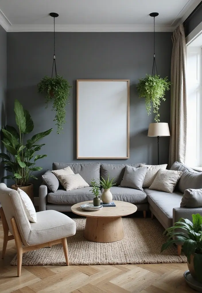 50 Grey Living Room Ideas That Never Go Out of Style - 16. Greenery for a Touch of Life