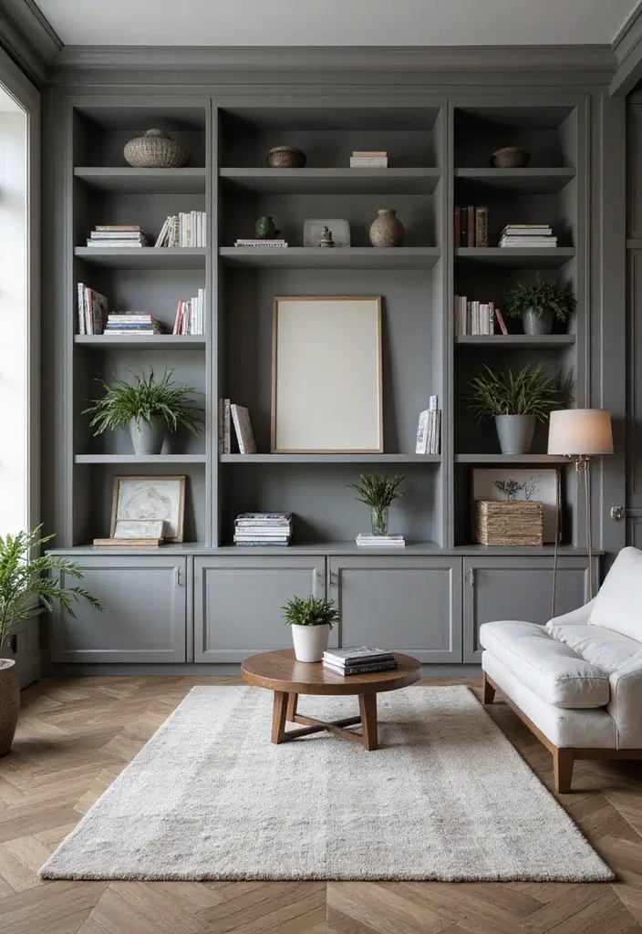 50 Grey Living Room Ideas That Never Go Out of Style - 17. Grey Bookshelves for Storage and Style