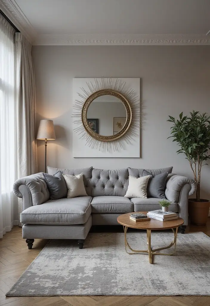 50 Grey Living Room Ideas That Never Go Out of Style - 19. Incorporating Metallics into Grey Decor