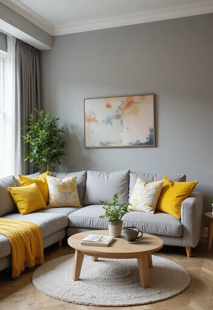 50 Grey Living Room Ideas That Never Go Out of Style - 34. Grey and Yellow: A Bright Contrast