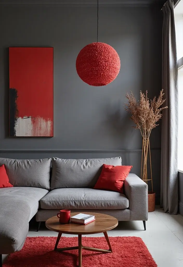 50 Grey Living Room Ideas That Never Go Out of Style - 36. Grey and Red for Bold Style