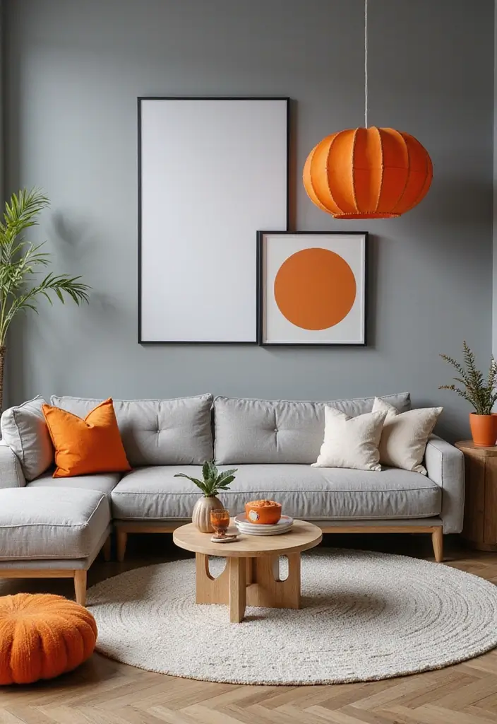 50 Grey Living Room Ideas That Never Go Out of Style - 38. Grey and Orange for a Pop of Fun