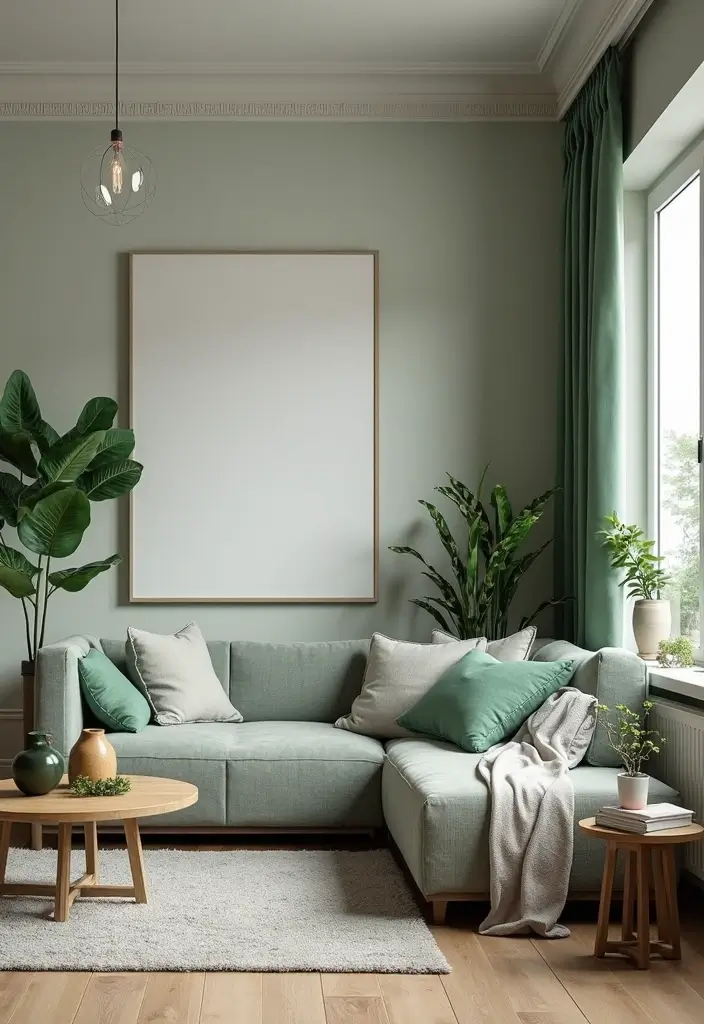 50 Grey Living Room Ideas That Never Go Out of Style - 40. Grey and Green for a Nature-Inspired Look