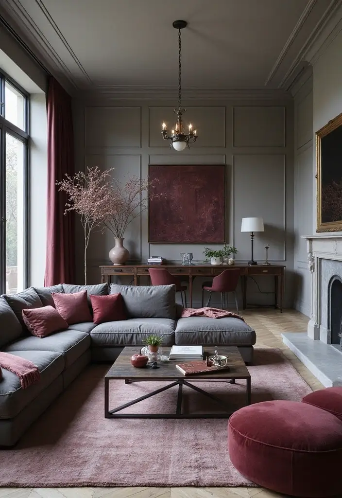 50 Grey Living Room Ideas That Never Go Out of Style - 41. Grey and Burgundy for Elegant Depth