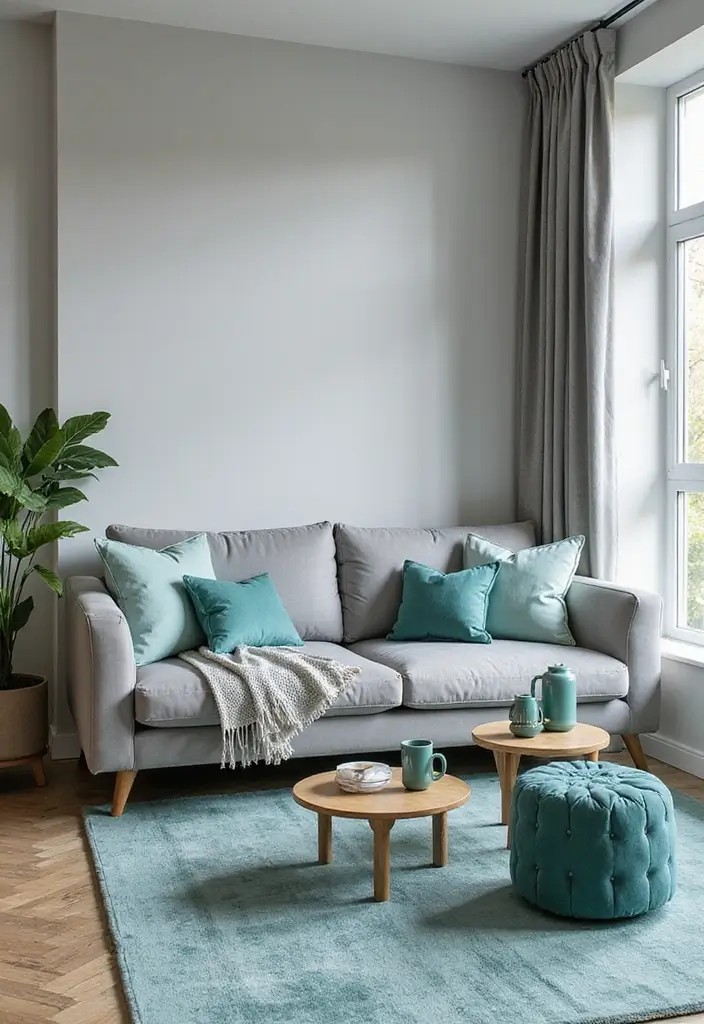 50 Grey Living Room Ideas That Never Go Out of Style - 42. Grey and Teal for a Refreshing Contrast