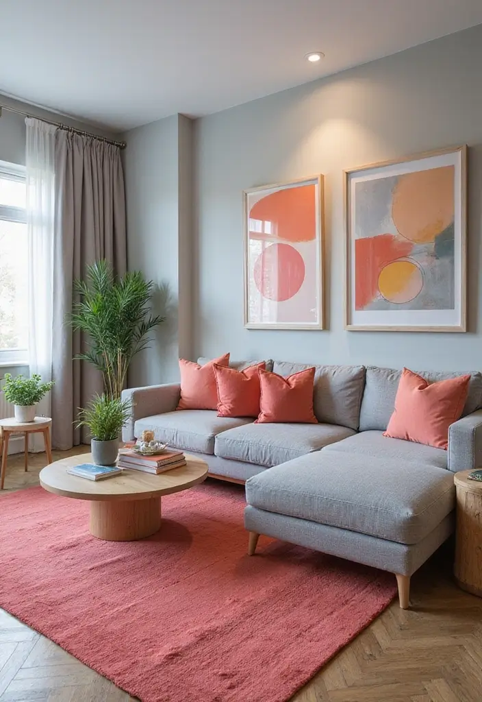 50 Grey Living Room Ideas That Never Go Out of Style - 43. Grey and Coral for a Bright Touch