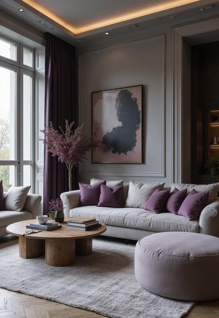 50 Grey Living Room Ideas That Never Go Out of Style - 44. Grey and Plum for a Luxurious Feel
