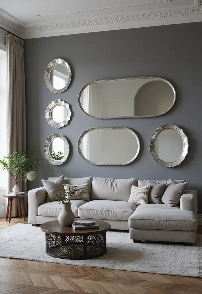 50 Grey Living Room Ideas That Never Go Out of Style - 46. Grey Decorative Mirrors for Elegance