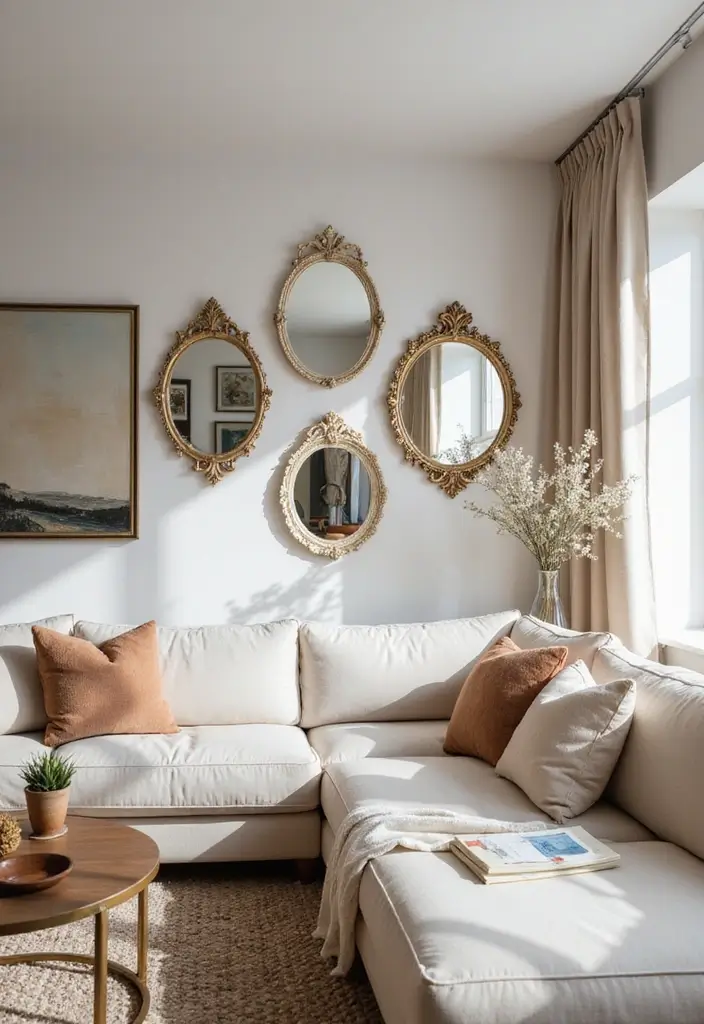 50 Grey and Beige Living Room Ideas That Feel Calm and Neutral 14 50 Grey and Beige Living Room Ideas That Feel Calm and Neutral - 14. Decorative Wall Mirrors