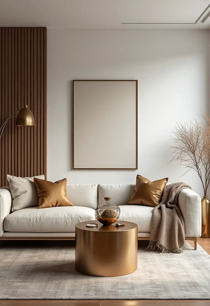 50 Grey and Beige Living Room Ideas That Feel Calm and Neutral 29 50 Grey and Beige Living Room Ideas That Feel Calm and Neutral - 27. Warm Metallic Accents