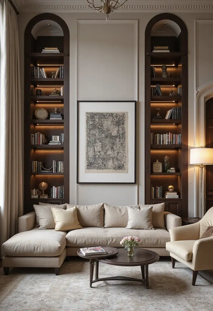 50 Grey and Beige Living Room Ideas That Feel Calm and Neutral 33 50 Grey and Beige Living Room Ideas That Feel Calm and Neutral - 31. Emphasizing Vertical Space