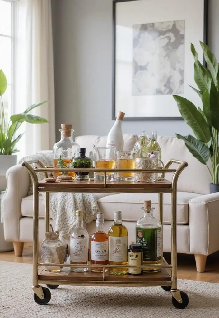 50 Grey and Beige Living Room Ideas That Feel Calm and Neutral 34 50 Grey and Beige Living Room Ideas That Feel Calm and Neutral - 32. Stylish Bar Carts