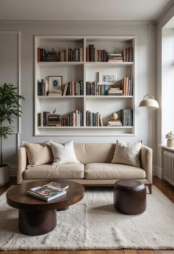 50 Grey and Beige Living Room Ideas That Feel Calm and Neutral 36 50 Grey and Beige Living Room Ideas That Feel Calm and Neutral - 34. Personalized Book Displays