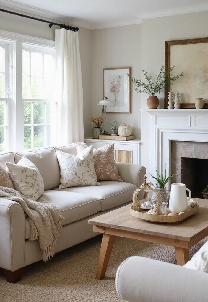 50 Grey and Beige Living Room Ideas That Feel Calm and Neutral 49 50 Grey and Beige Living Room Ideas That Feel Calm and Neutral - 45. Thoughtful Seasonal Accents