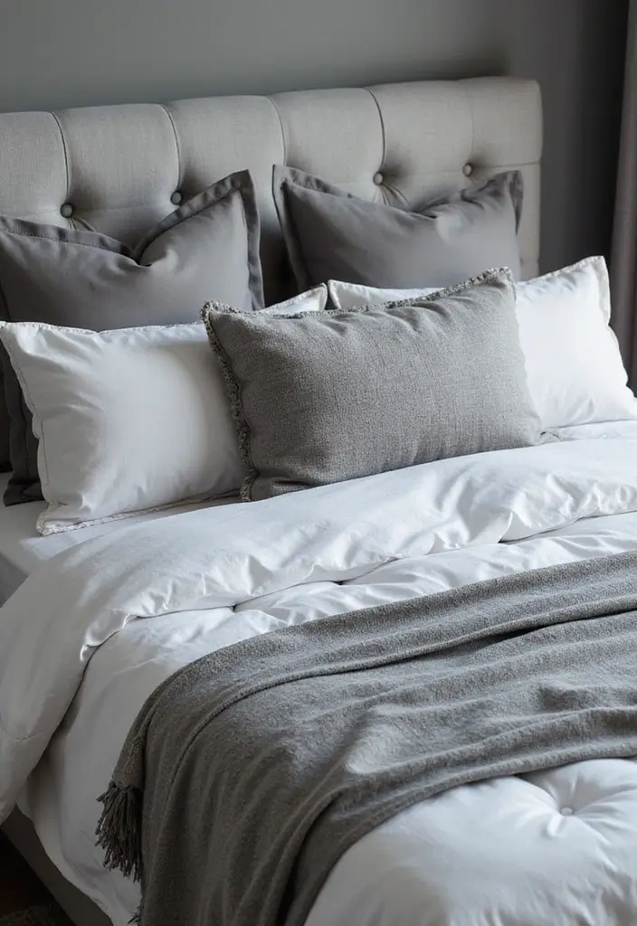 50 Grey and White Bedroom Ideas That Always Feel Fresh and Relaxing - 17. Grey and White Bedding Layers