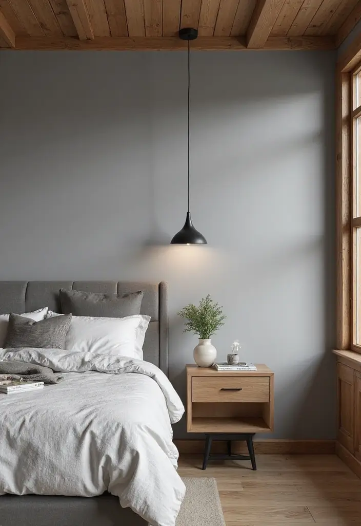 50 Grey and White Bedroom Ideas That Always Feel Fresh and Relaxing - 29. Combining Grey and Wood Tones