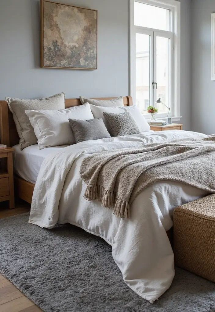 50 Grey and White Bedroom Ideas That Always Feel Fresh and Relaxing - 3. Layered Textures for Coziness