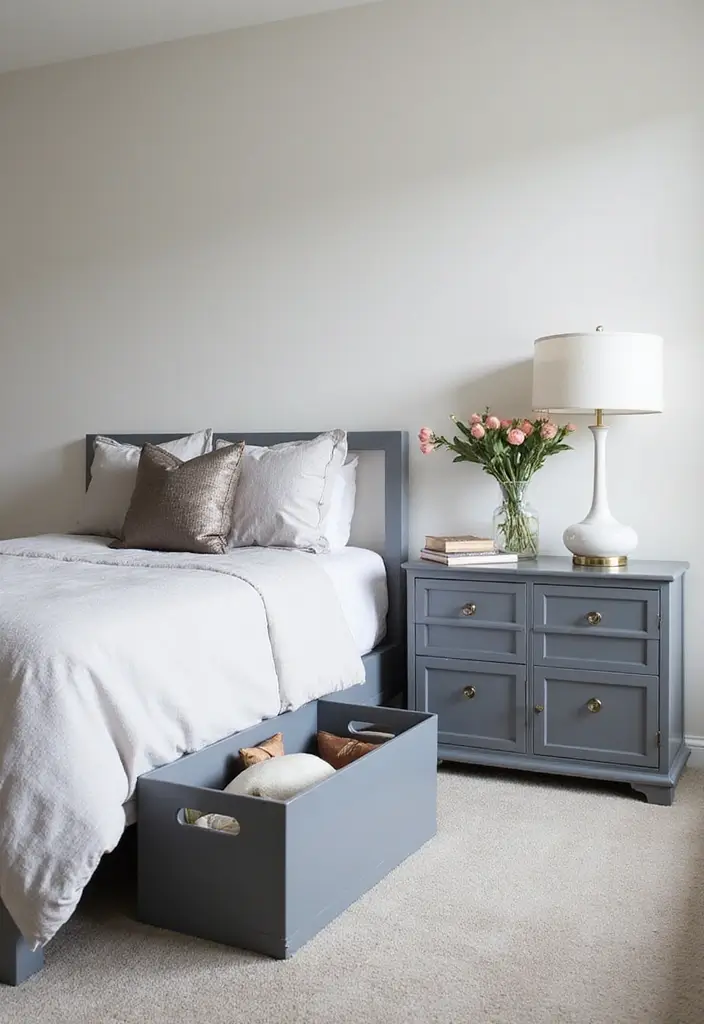 50 Grey and White Bedroom Ideas That Always Feel Fresh and Relaxing - 30. Creative Use of Grey Storage Bins