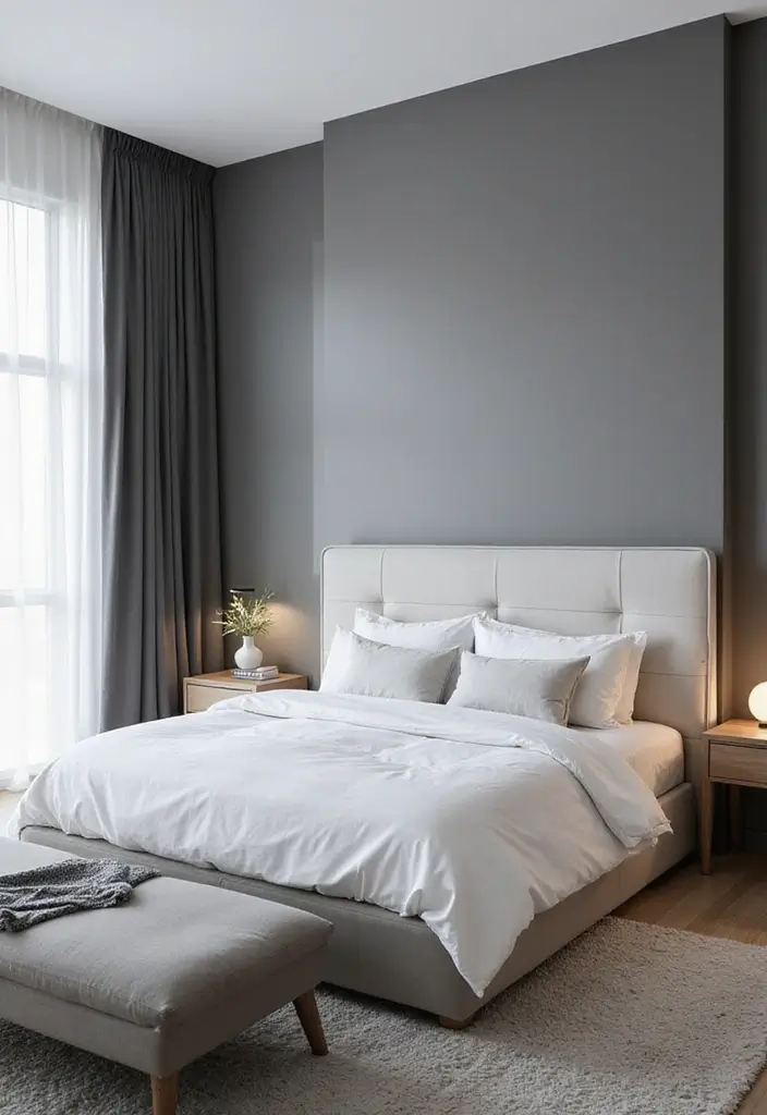 50 Grey and White Bedroom Ideas That Always Feel Fresh and Relaxing - 34. Contrasting Grey with Bright White