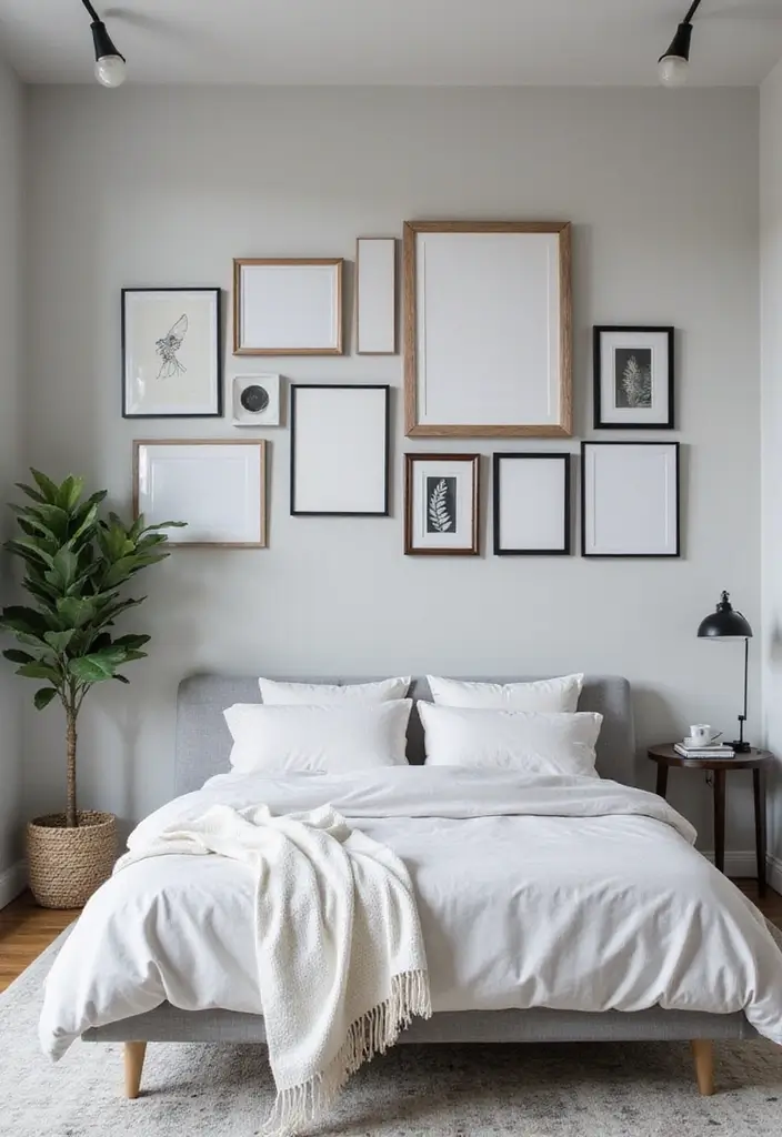 50 Grey and White Bedroom Ideas That Always Feel Fresh and Relaxing - 39. Grey and White Gallery Wall