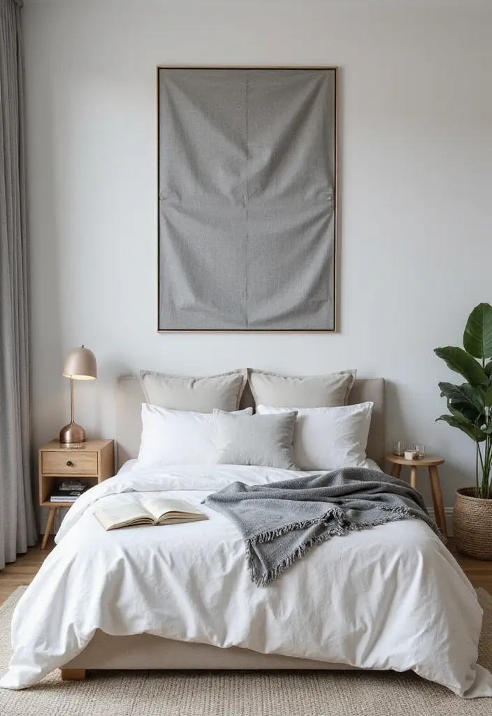 50 Grey and White Bedroom Ideas That Always Feel Fresh and Relaxing - 44. Minimalist Grey Fabric Art