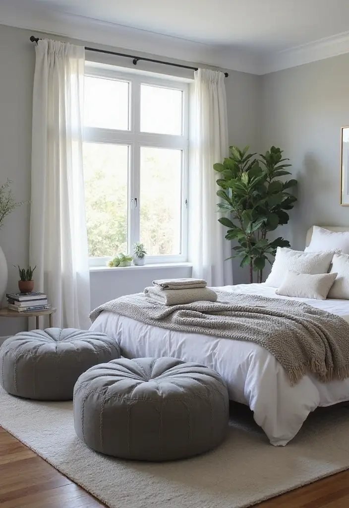 50 Grey and White Bedroom Ideas That Always Feel Fresh and Relaxing - 48. Cushioning with Grey Poufs
