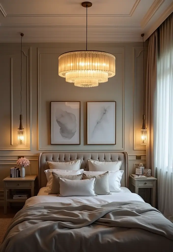 50 Grey and White Bedroom Ideas That Always Feel Fresh and Relaxing - 6. Statement Lighting Fixtures