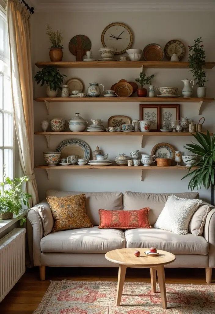 50 Living Room Decor Ideas to Refresh Your Space Without Breaking the Bank 16 50 Living Room Decor Ideas to Refresh Your Space Without Breaking the Bank - 16. Eclectic Vintage Tableware
