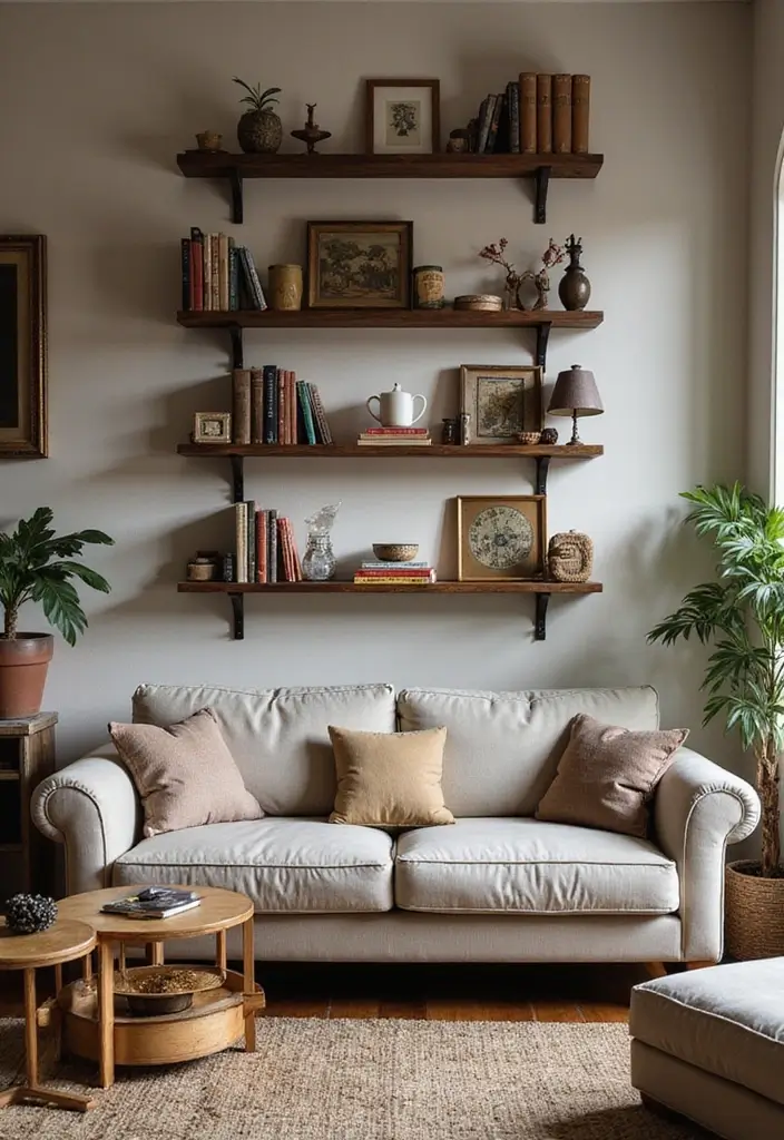 50 Living Room Decor Ideas to Refresh Your Space Without Breaking the Bank 30 50 Living Room Decor Ideas to Refresh Your Space Without Breaking the Bank - 30. Vintage Wall Shelves