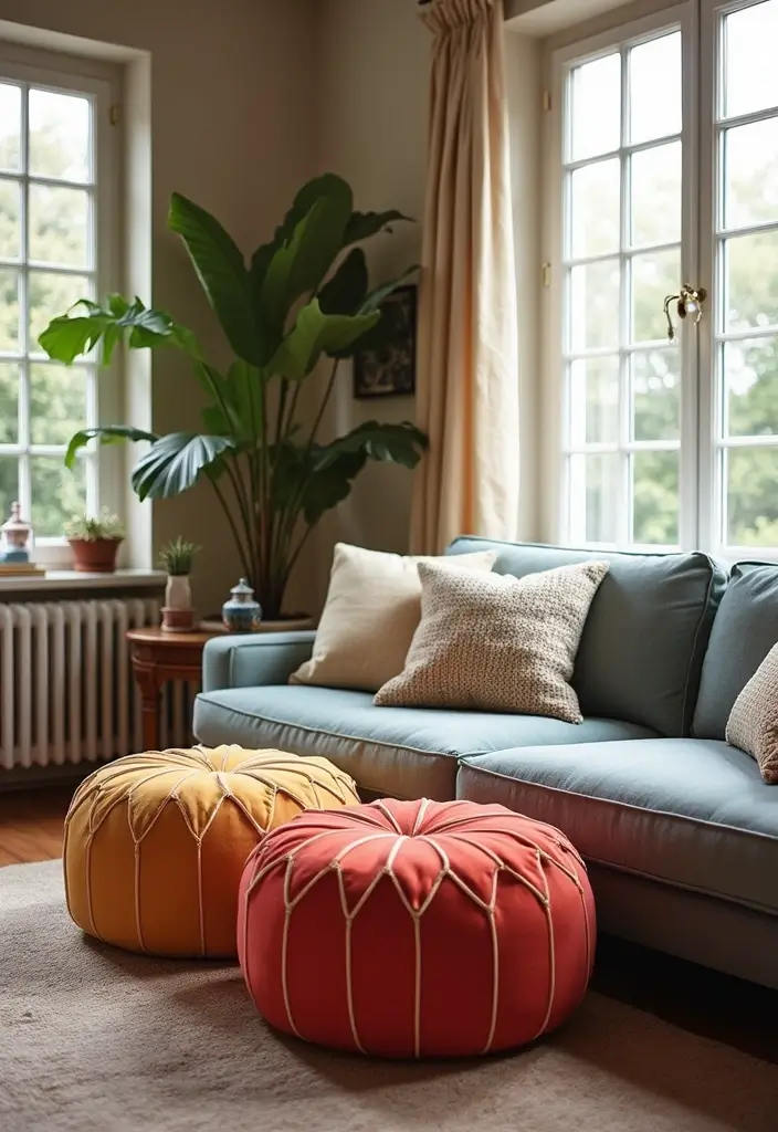 50 Living Room Decor Ideas to Refresh Your Space Without Breaking the Bank 34 50 Living Room Decor Ideas to Refresh Your Space Without Breaking the Bank - 34. Vintage-Inspired Poufs