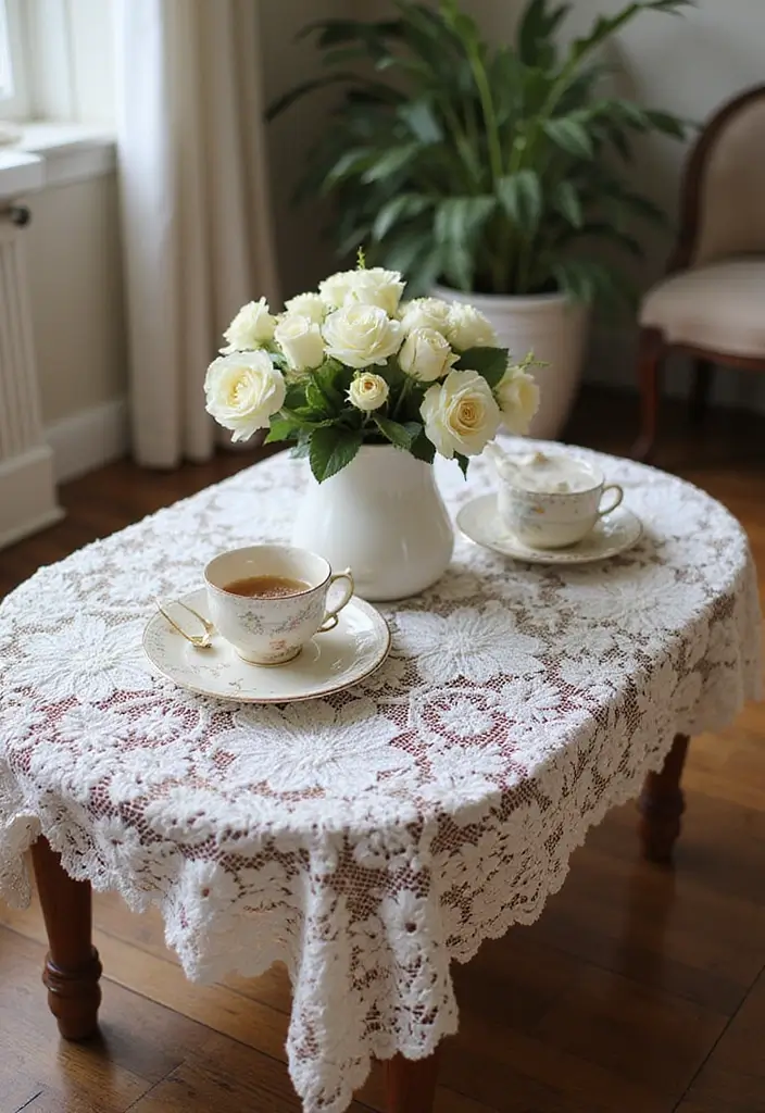 50 Living Room Decor Ideas to Refresh Your Space Without Breaking the Bank 37 50 Living Room Decor Ideas to Refresh Your Space Without Breaking the Bank - 37. Vintage Lace Tablecloths