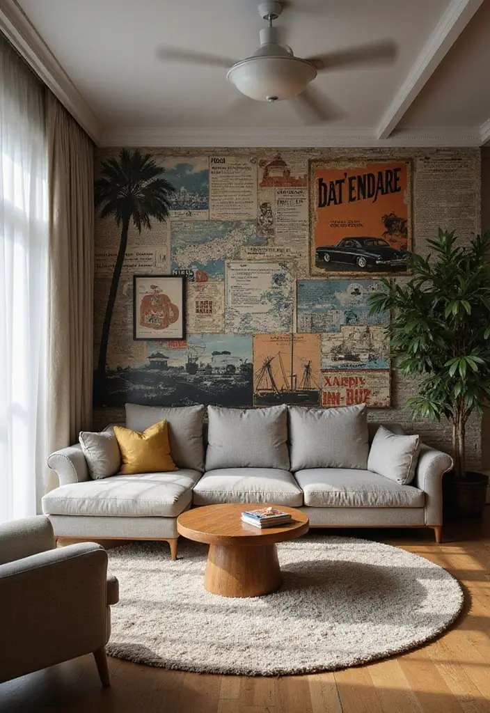 50 Living Room Decor Ideas to Refresh Your Space Without Breaking the Bank 49 50 Living Room Decor Ideas to Refresh Your Space Without Breaking the Bank - 49. Vintage-Themed Wall Murals
