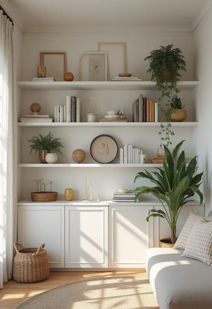 50 Living Room Designs for Small Spaces That Maximize Every Inch 14 50 Living Room Designs for Small Spaces That Maximize Every Inch - 14. Open Shelving