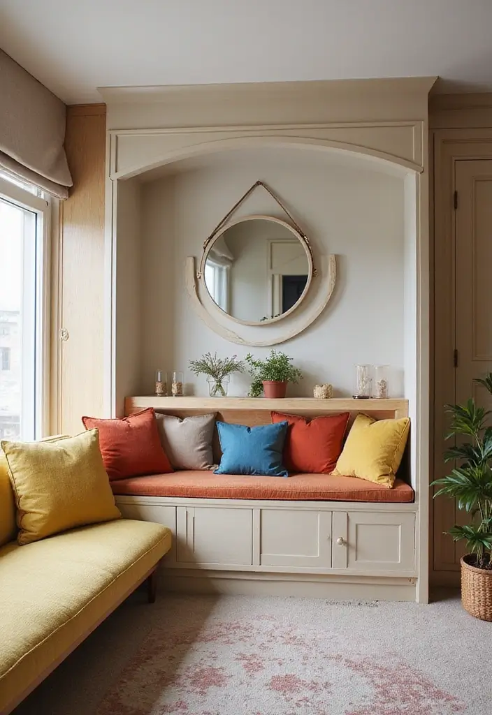 50 Living Room Designs for Small Spaces That Maximize Every Inch 26 50 Living Room Designs for Small Spaces That Maximize Every Inch - 26. Colorful Built-In Seating