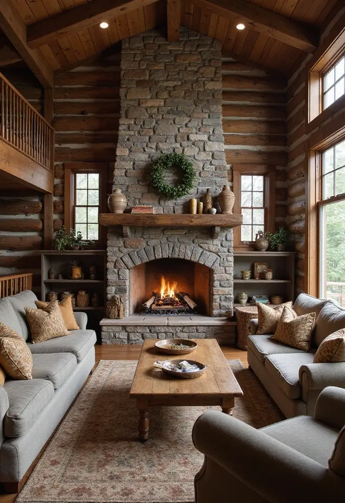 50 Living Room Designs with Fireplaces That Create the Perfect Focal Point 17 50 Living Room Designs with Fireplaces That Create the Perfect Focal Point - 17. Rustic Cabin Feel with a Stone Hearth