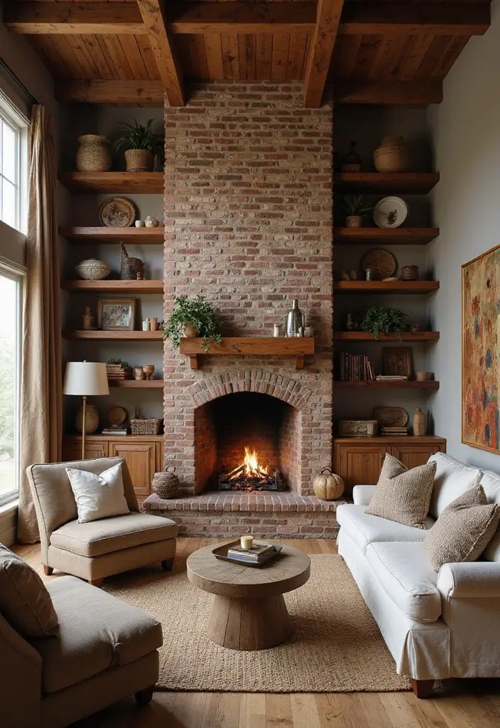 50 Living Room Designs with Fireplaces That Create the Perfect Focal Point 25 50 Living Room Designs with Fireplaces That Create the Perfect Focal Point - 23. Earthy Tones with a Rustic Brick Fireplace